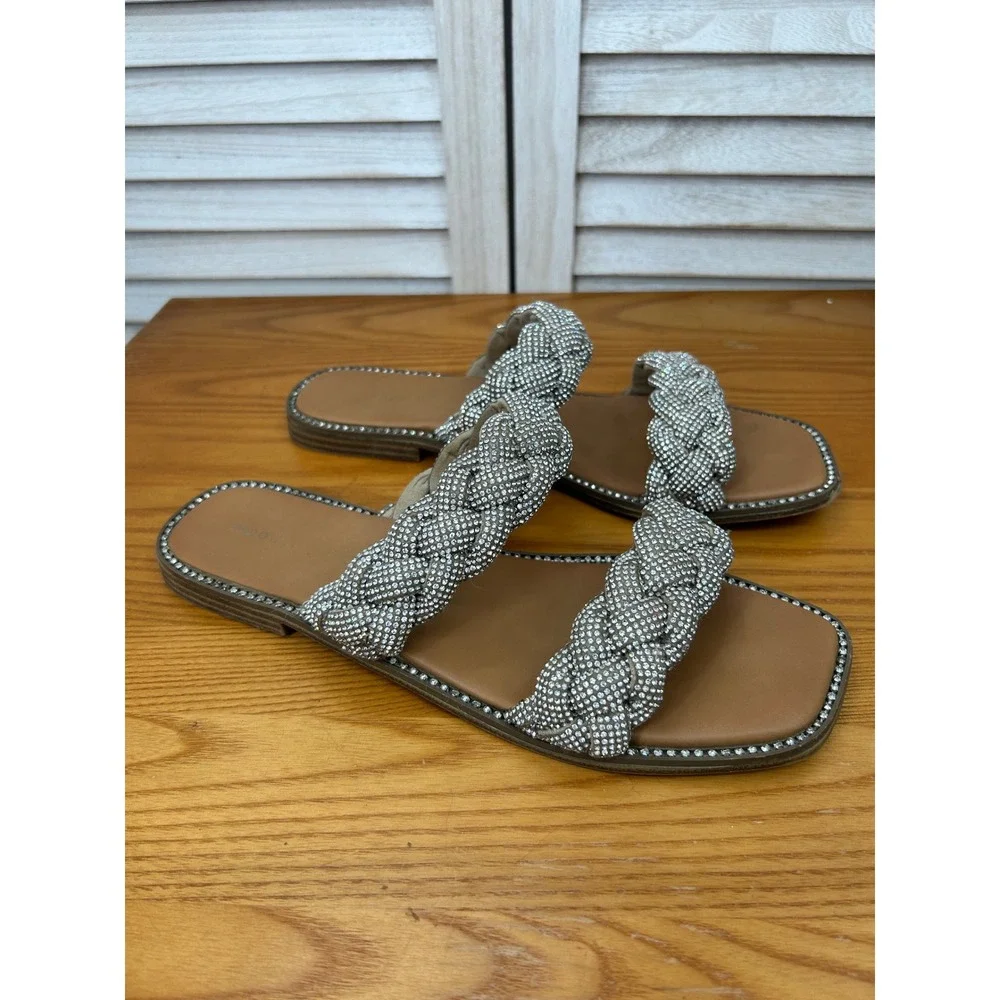 Madden Girl Brinley Sandals 10 Silver Womens Rhinestone Braided Slides